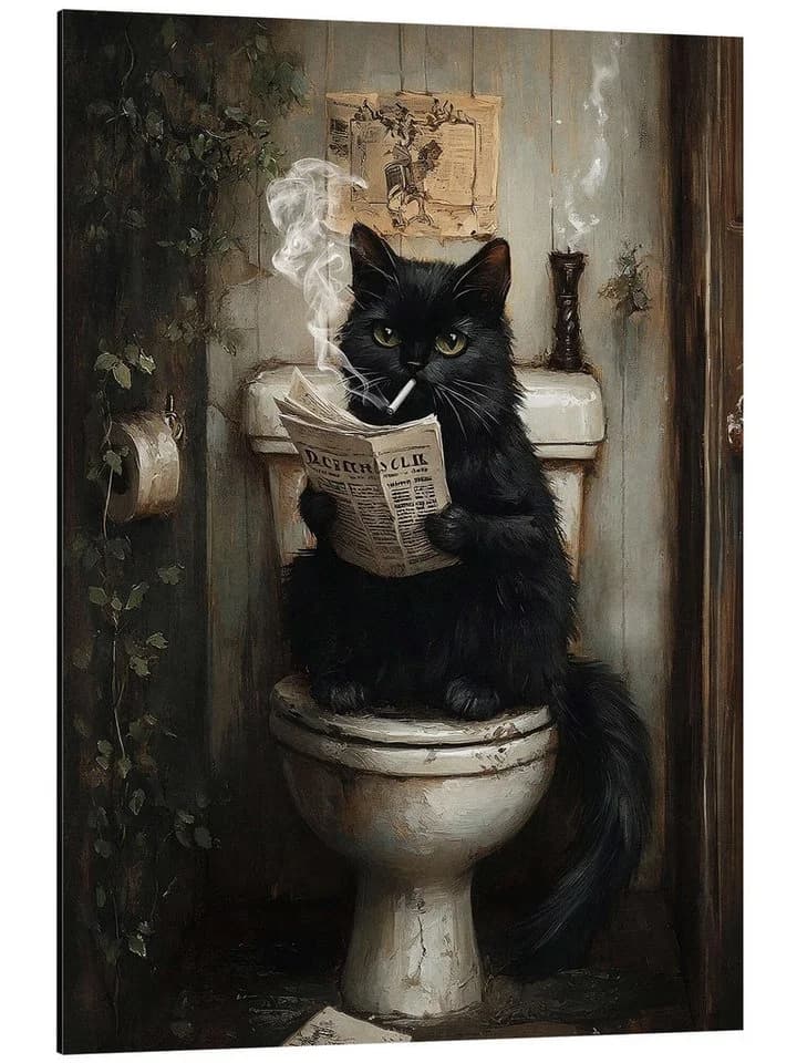 Posterlounge Alubild Rauchende Katze liest Zeitung auf Toilette Olga Telnova - Bild 2