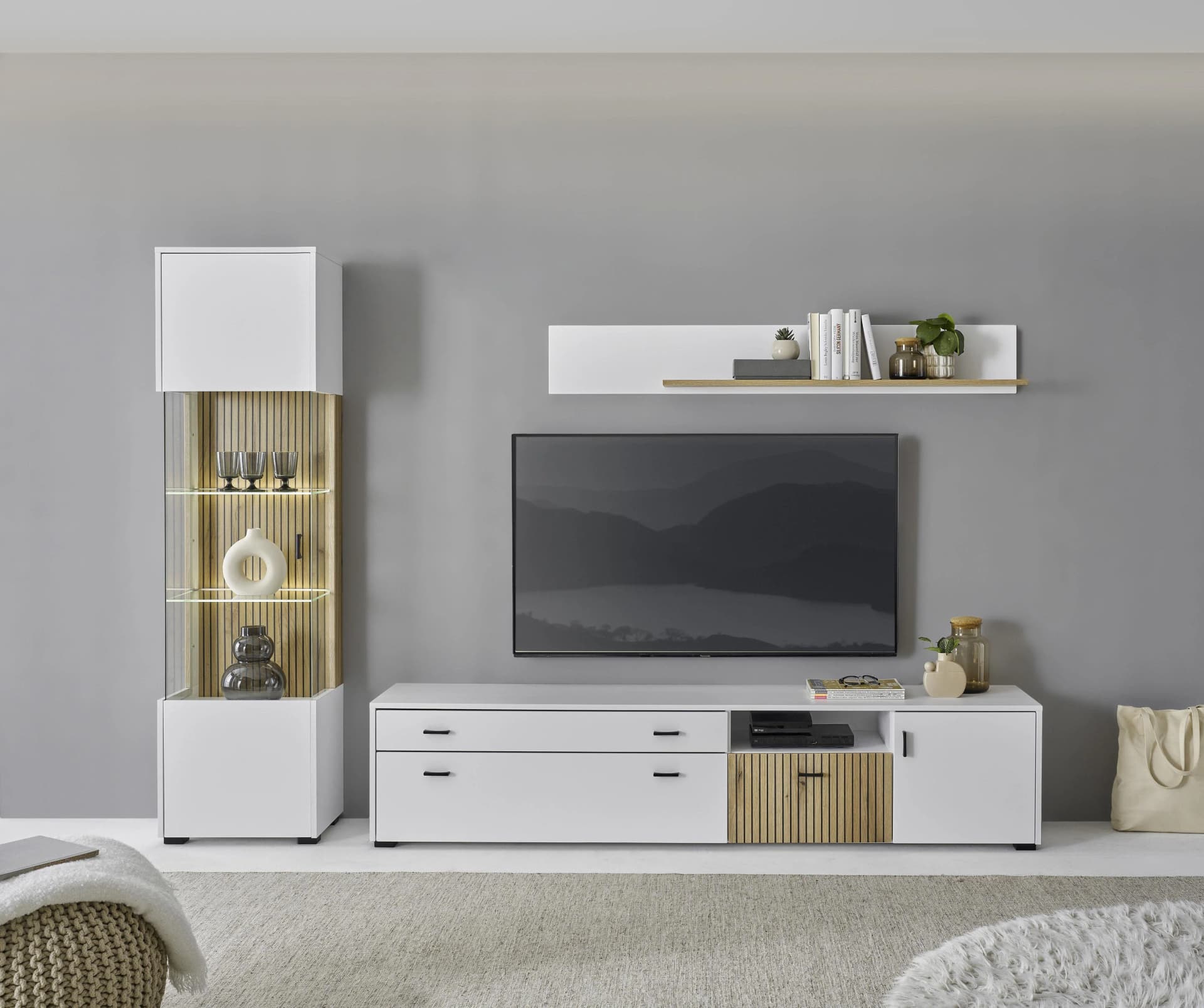 Home Affaire Wohnwand Hudson Weiß Matt Eiche Modern mit Soft-Close