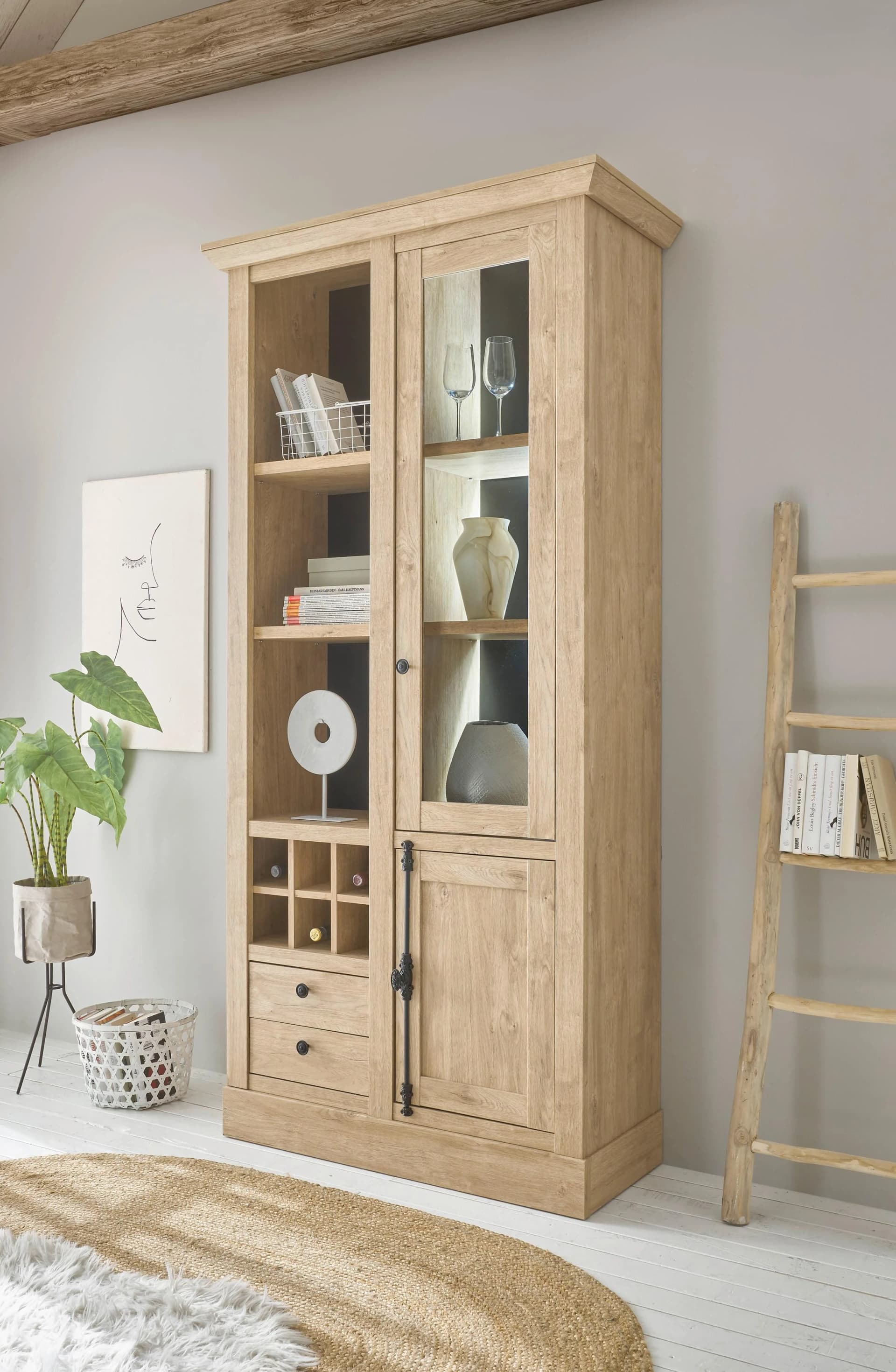 Vitrine Cornwall Hochschrank im Landhausstil Glasvitrine Eiche Dekor