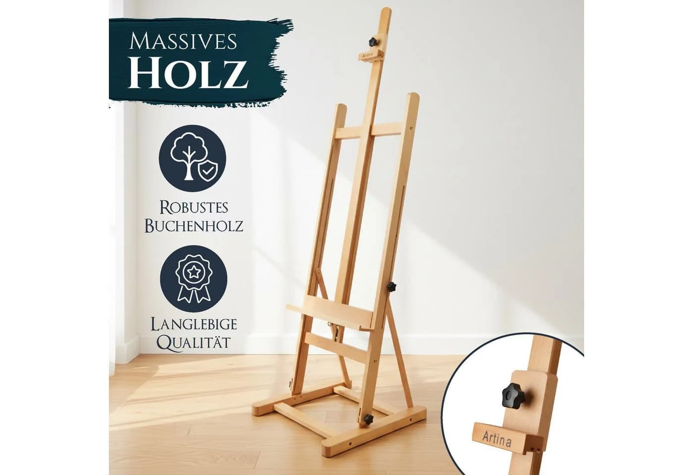 Artina Staffelei Siena für Leinwände bis 125 cm, Massive Holzstaffelei aus geöltem Buchenholz klappbar
