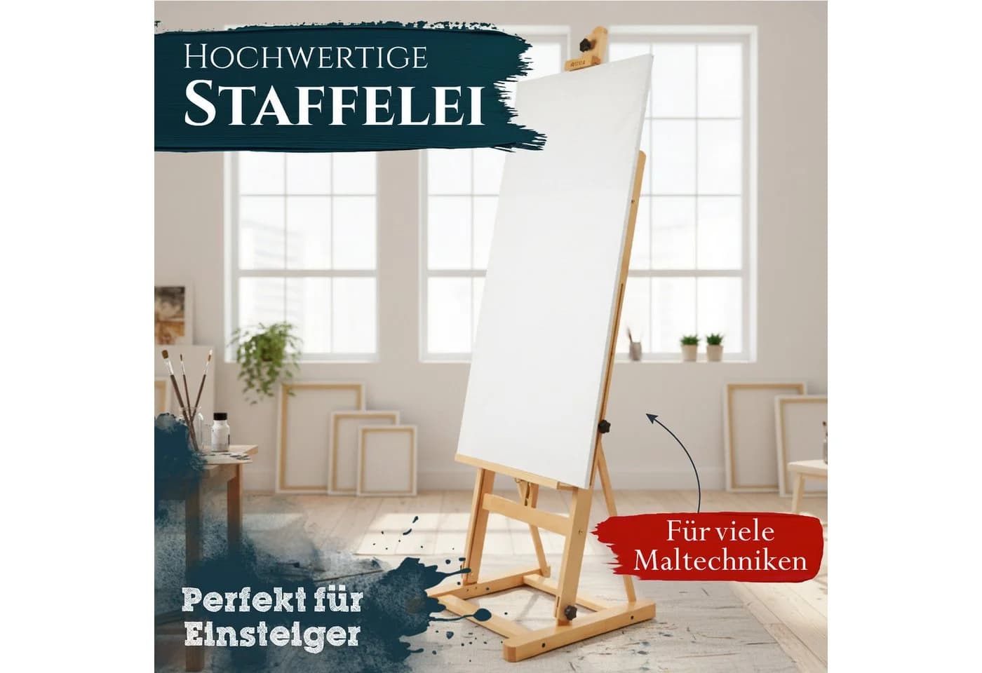 Artina Staffelei Siena für Leinwände bis 125 cm, Massive Holzstaffelei aus geöltem Buchenholz klappbar - Bild 3