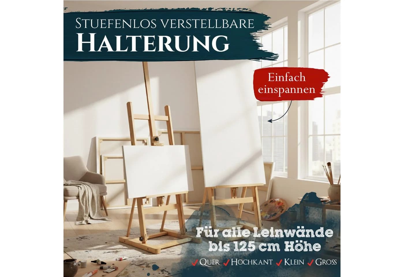 Artina Staffelei Siena für Leinwände bis 125 cm, Massive Holzstaffelei aus geöltem Buchenholz klappbar - Bild 4
