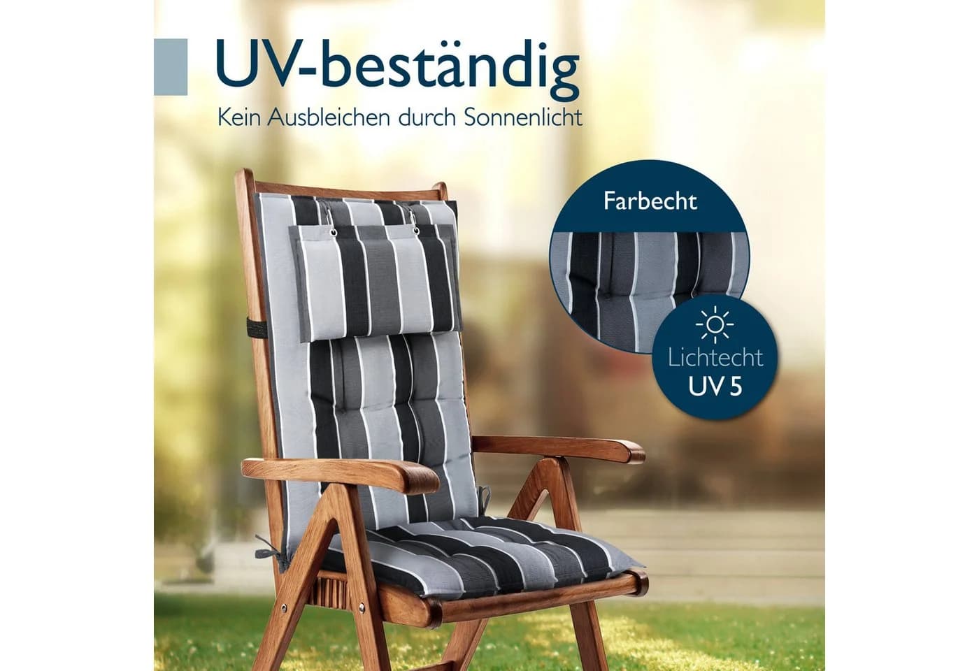 Beautissu Hochlehnerauflage 2er Set Anthrazit-Gestreift mit Kopfpolster - Bild 4