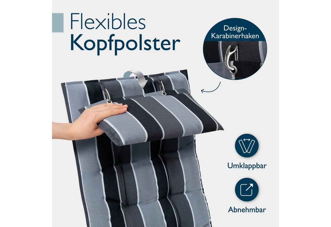 Beautissu Hochlehnerauflage 2er Set Anthrazit-Gestreift mit Kopfpolster - Bild 5