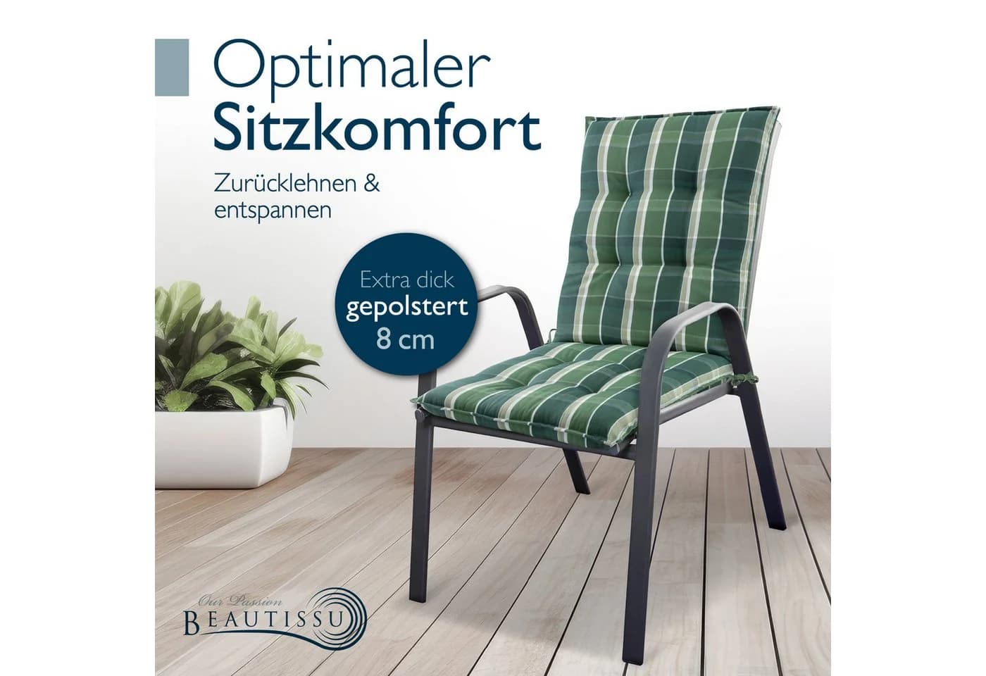 Beautissu Sitzauflage 4er Set Niedriglehner Grün-Kariert UV-Lichtechtheit - Bild 5