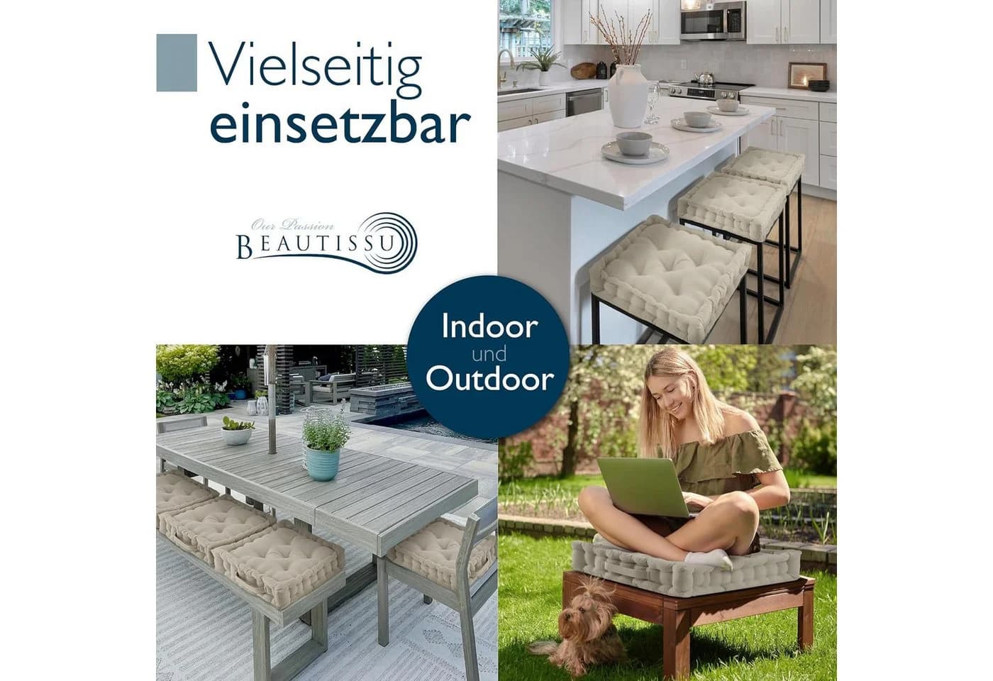 Beautissu Stuhlkissen Mila 2er Set Leinen Beige Indoor Outdoor - Bild 5