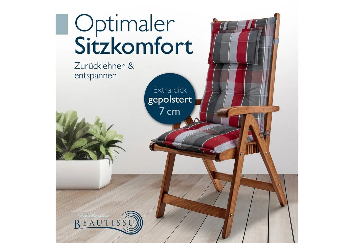 Beautissu Hochlehnerauflage Grau-Rot-Hellblau Kariert UV-beständig