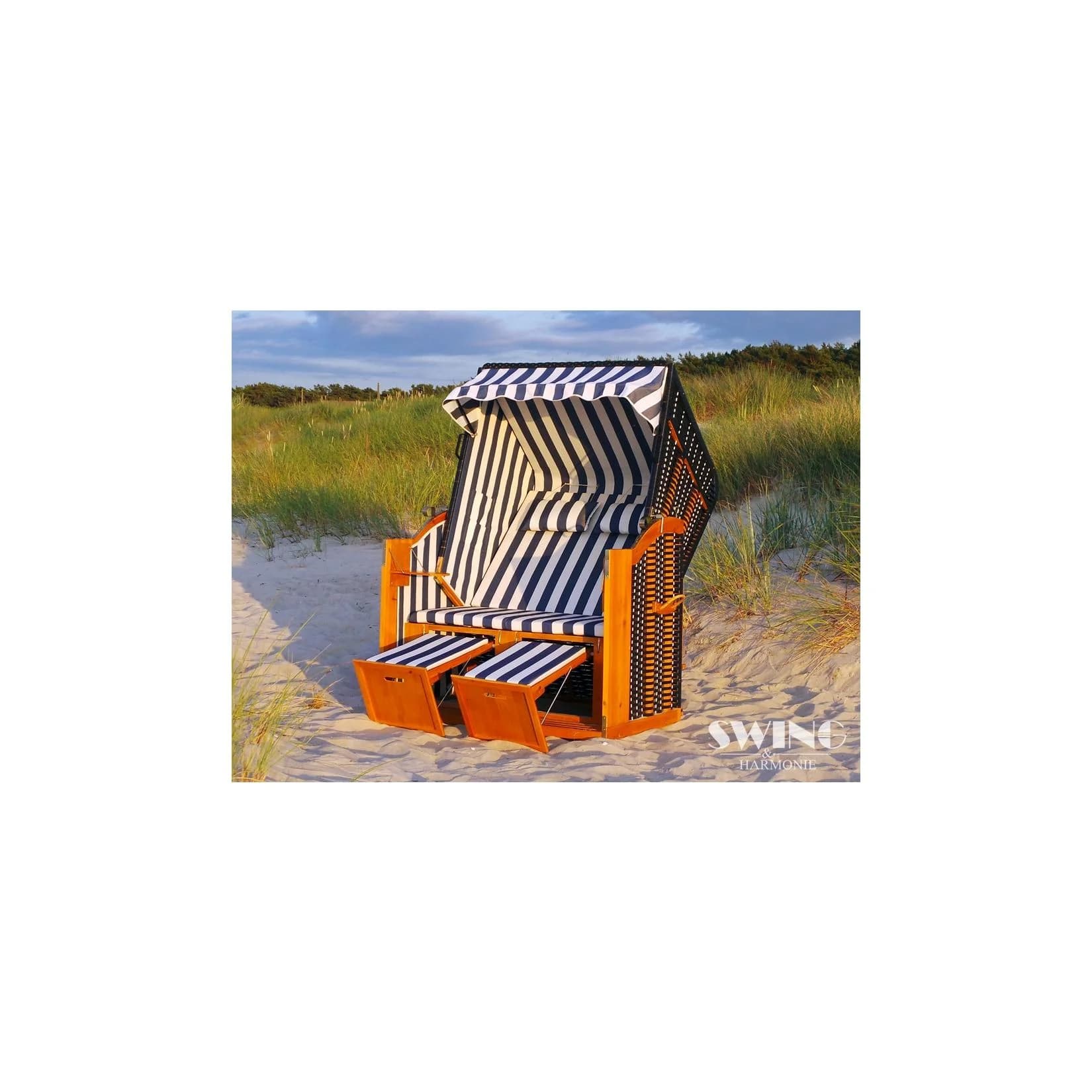 Swing&Harmonie LED Strandkorb XXL 118cm inkl. Abdeckcover Polyrattan Blau-Weiß - Bild 2
