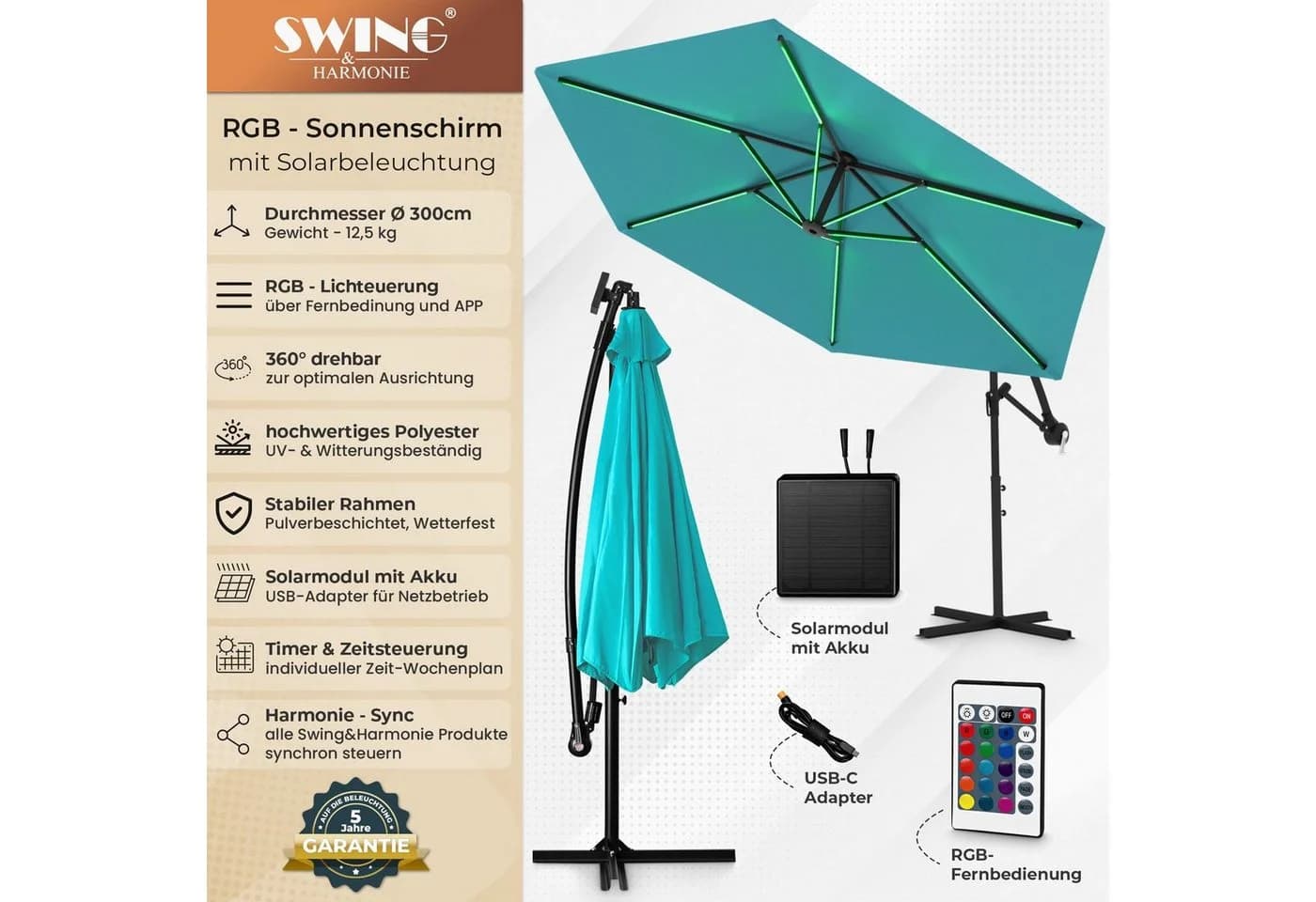 Swing&Harmonie® LED Sonnenschirm 300cm Creme mit RGB Beleuchtung - Bild 2
