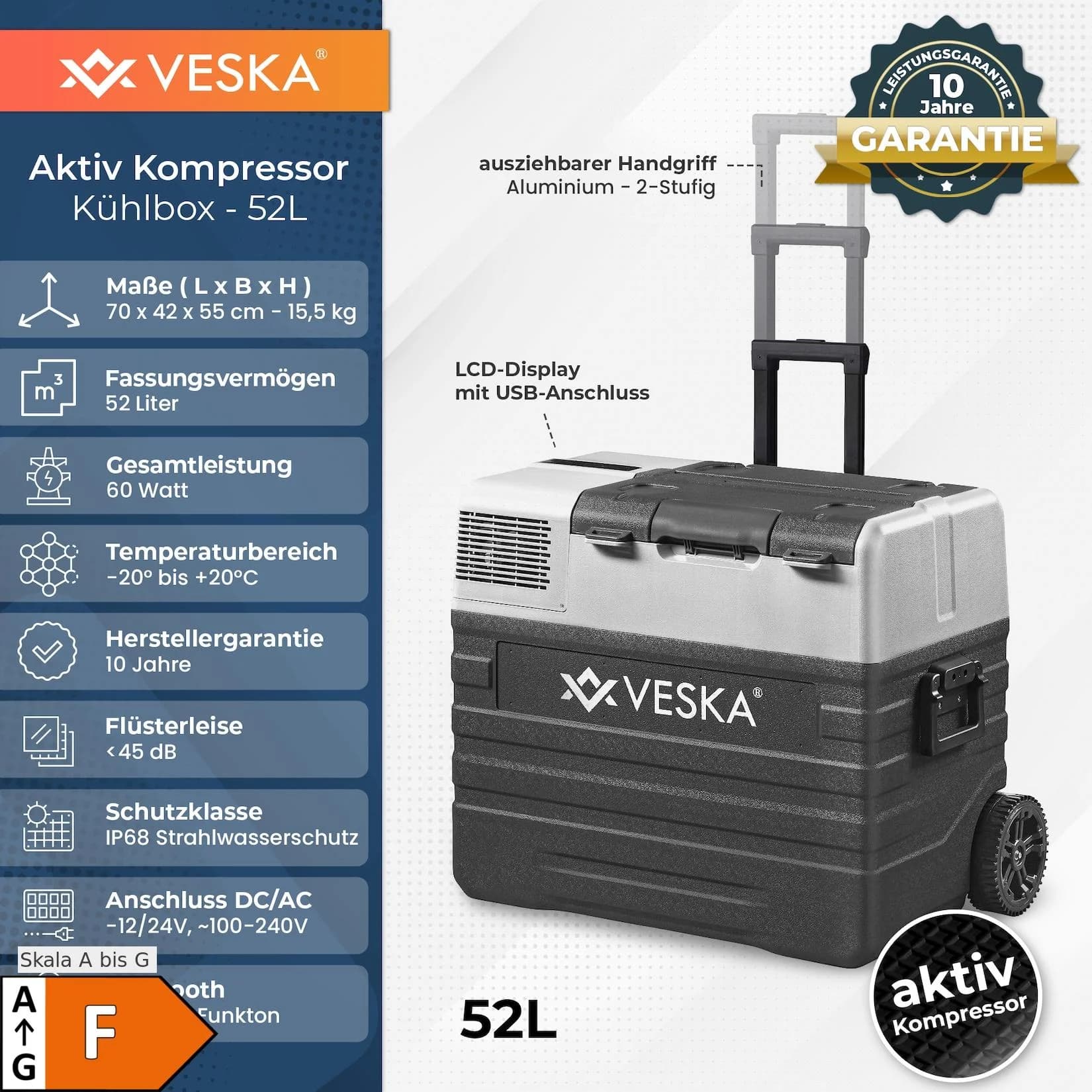 VESKA Kompressor Kühlbox 52l elektrisch mit APP-Steuerung Anthrazit
