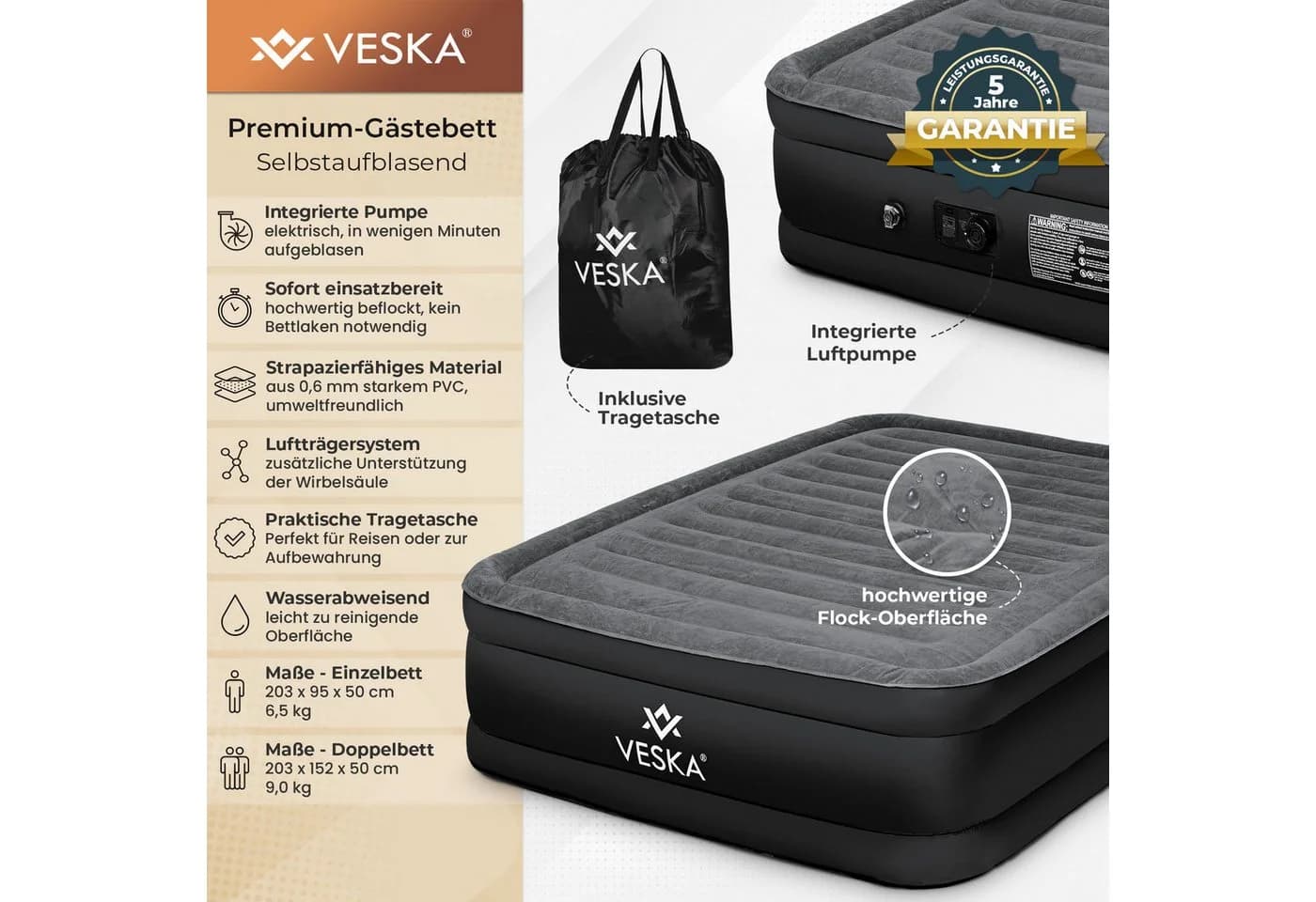 VESKA Luftbett Selbstaufblasend mit Pumpe Grau/Beige Campingmatratze - Bild 2