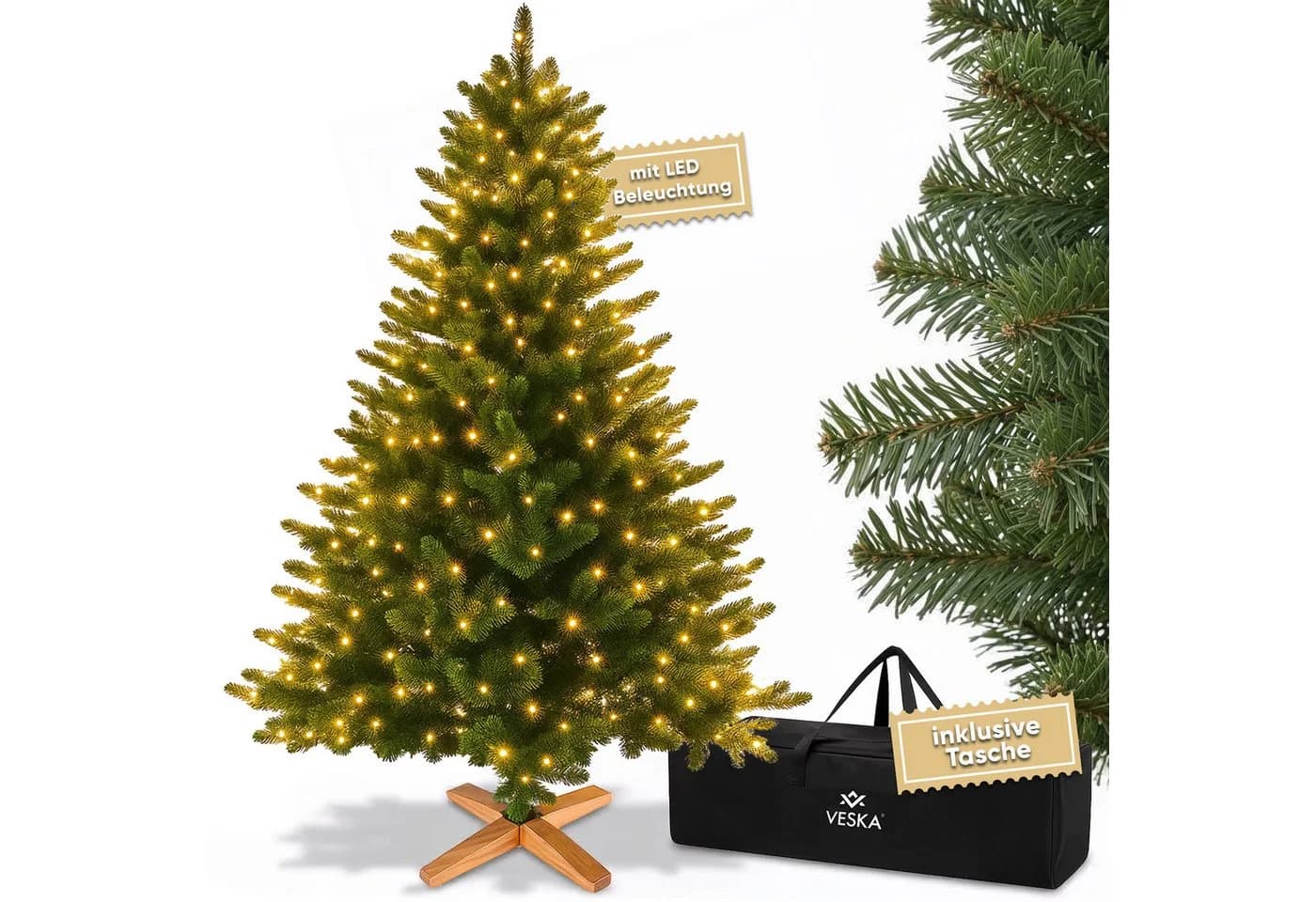 VESKA Künstlicher Weihnachtsbaum Naturgetreu mit Holzständer, Nordmanntanne, LED Beleuchtung - Bild 2