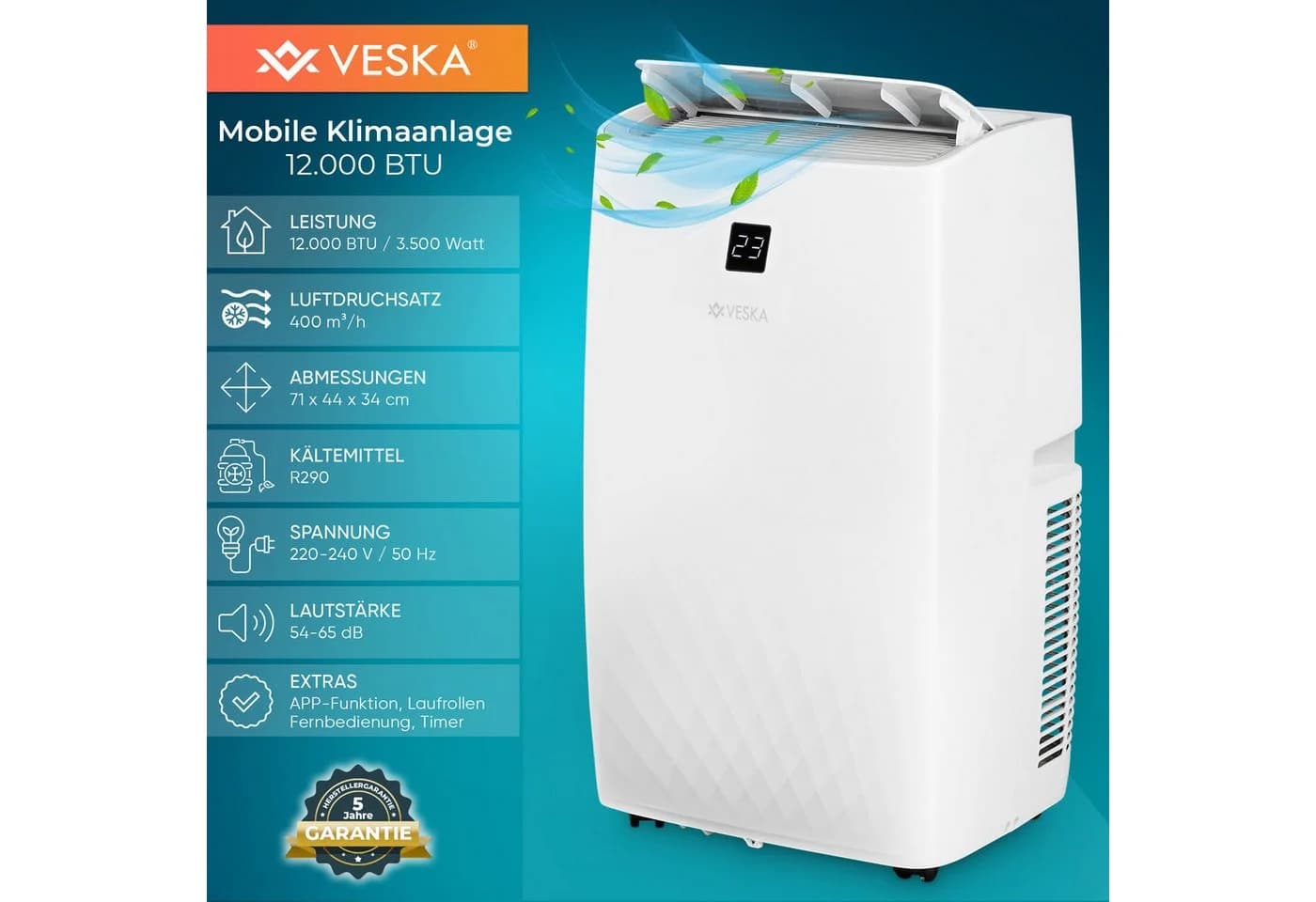 VESKA Mobile Klimaanlage 12000 BTU Weiß mit App-Steuerung - Bild 3