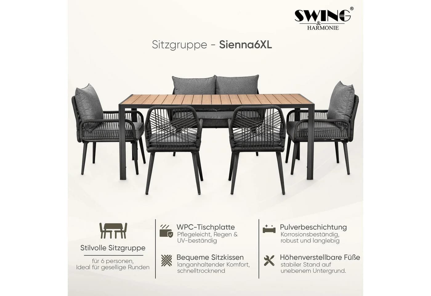 Swing&Harmonie Gartenlounge-Set Sienna 6-tlg. Grau/Braun WPC - Bild 4