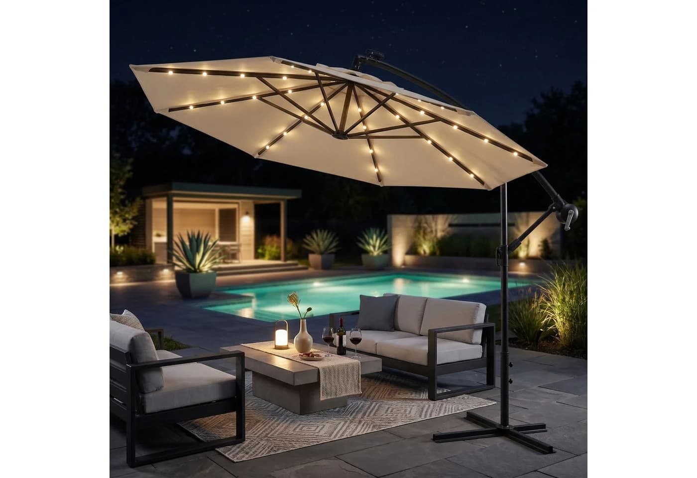 Swing&Harmonie LED Sonnenschirm Creme mit Solarmodul