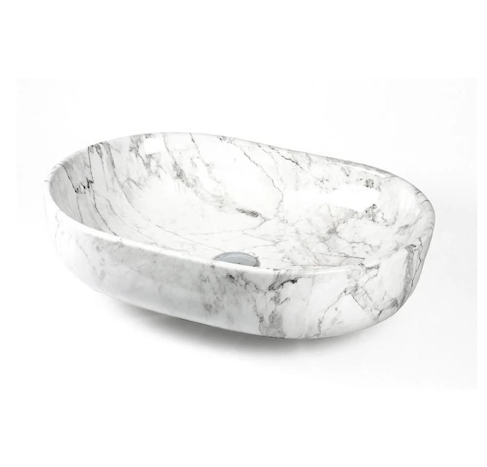 Stabilo Sanitär Aufsatzwaschbecken Oval Keramik Marmoroptik Komplettset - Bild 3