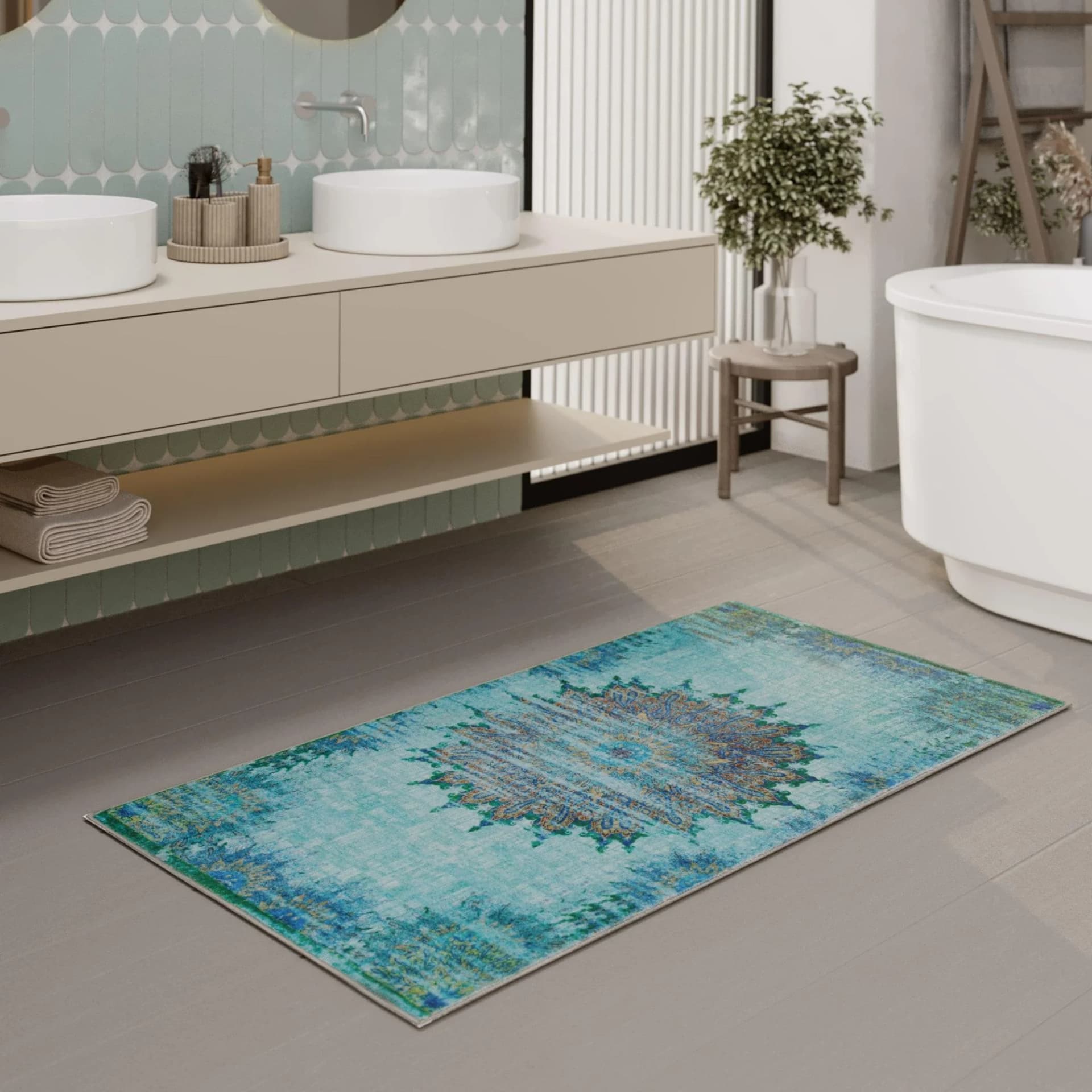 Wecon Home Badematte Healing Blau Orientalisch Vintage Rutschfest