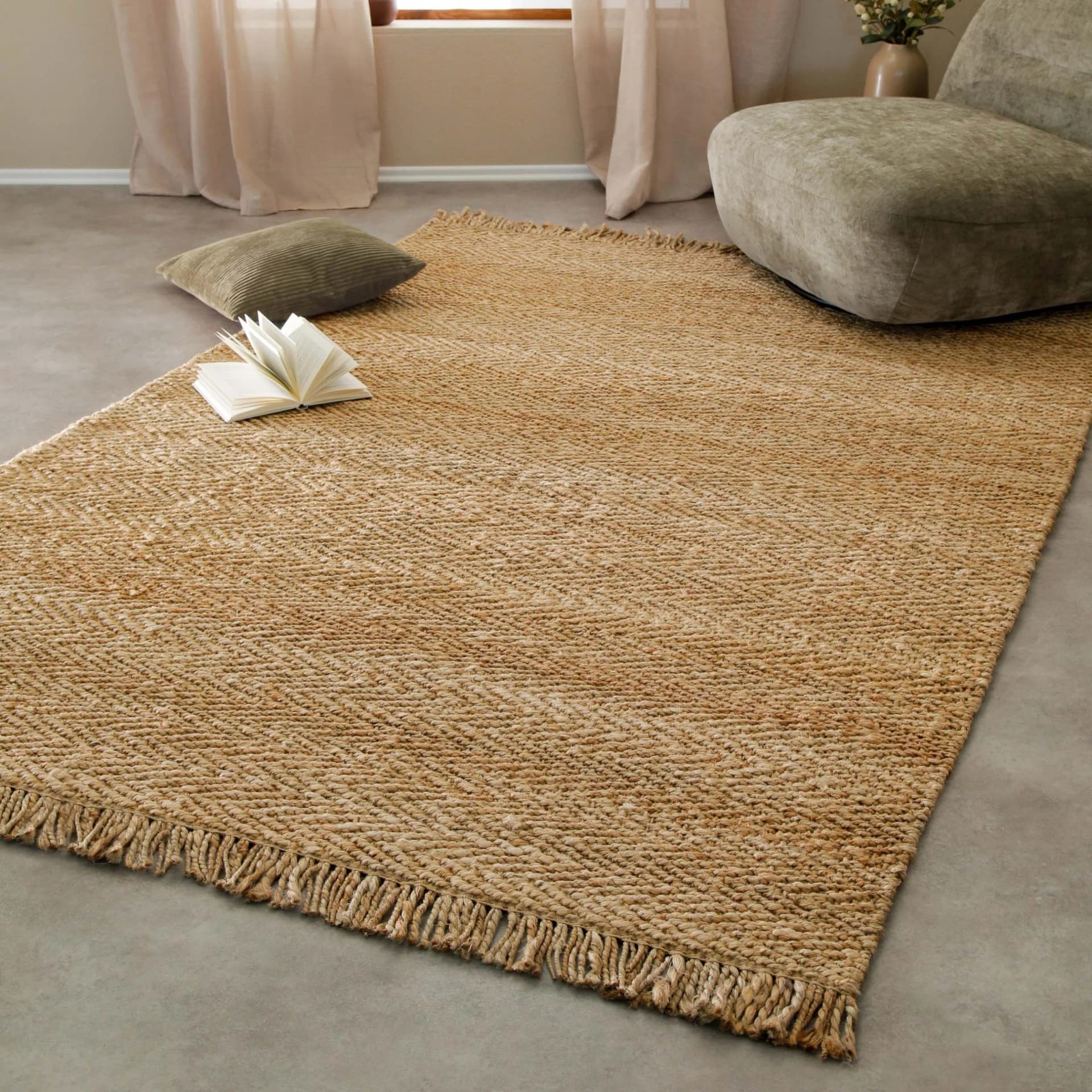 Handgewebter Jute-Teppich in Beige, Fischgrät-Struktur, 80x150 cm