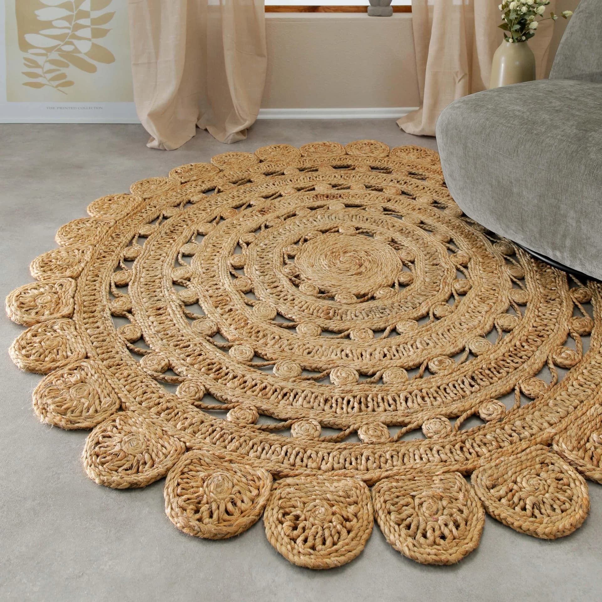 Handgefertigter Floraler Jute-Teppich in Beige und Natur