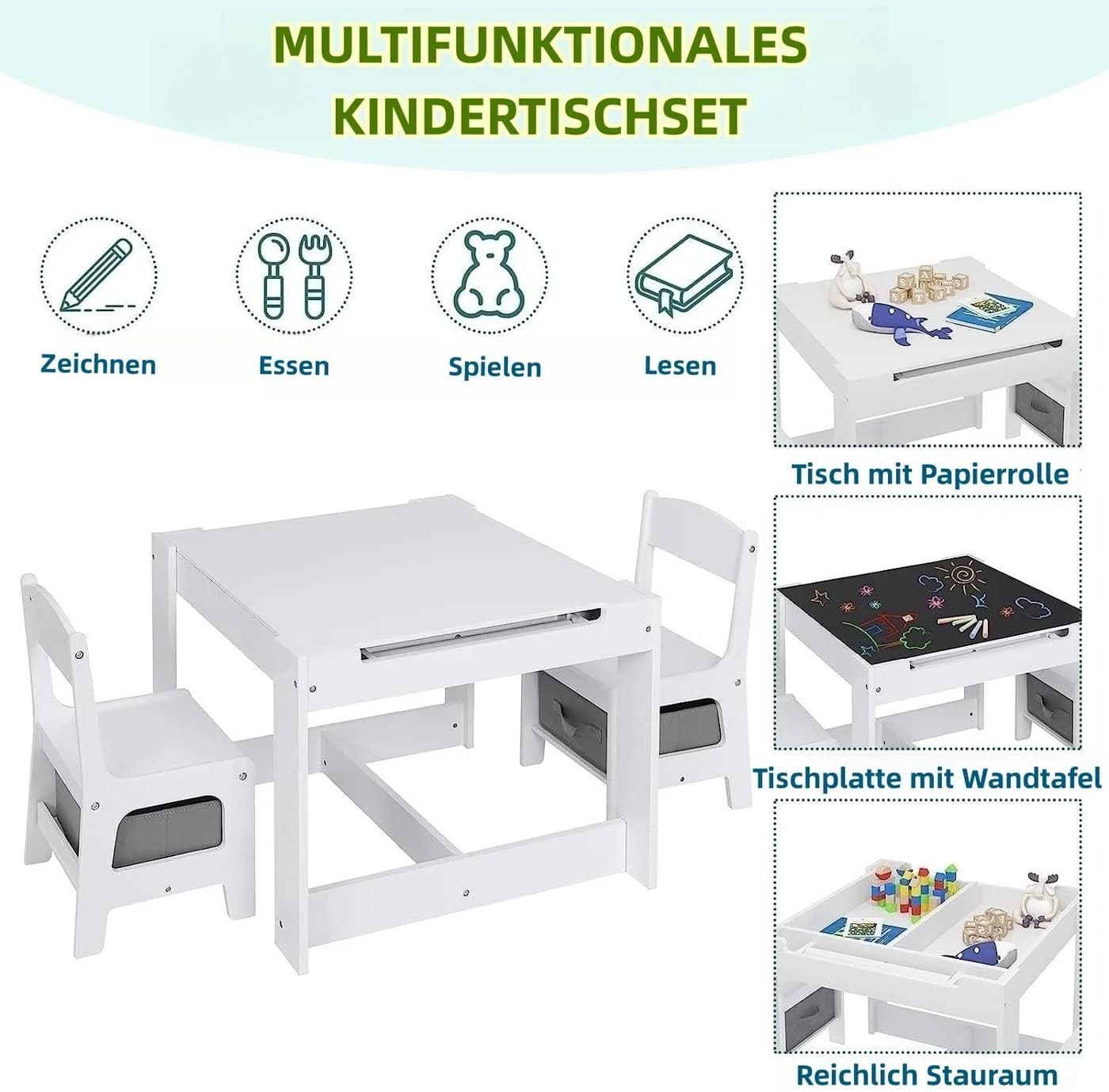 EUGAD Kindersitzgruppe 3-tlg. Weiß mit Tafel und Stauraum - Bild 4