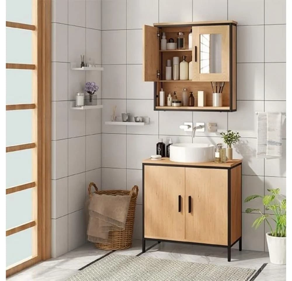 EUGAD Spiegelschrank Hängend Schwarz Helle Eiche 2 Spiegel