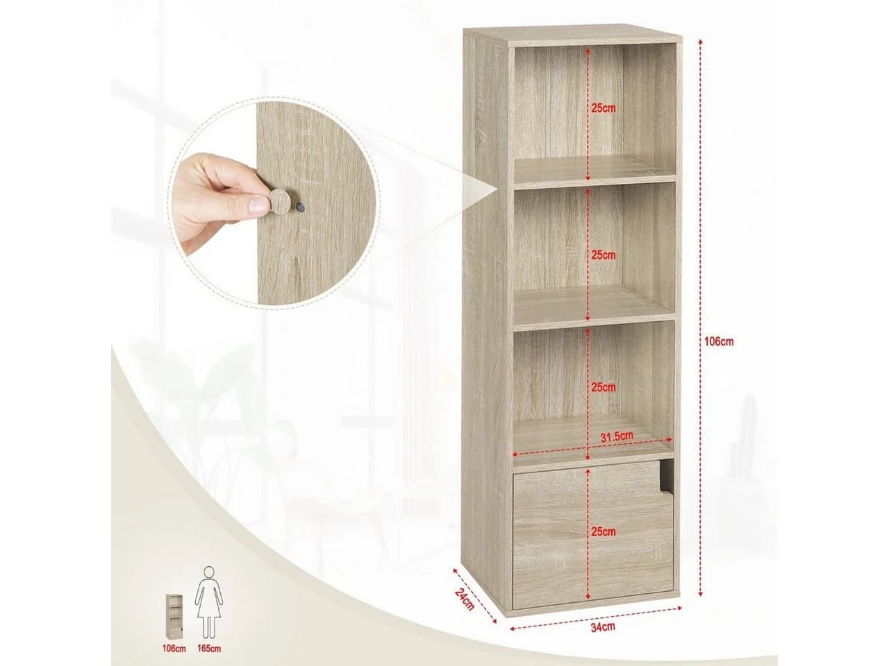 EUGAD Bücherregal 1-tlg. mit 4 Fächern 1 Tür Weiß/Helleiche - Bild 3