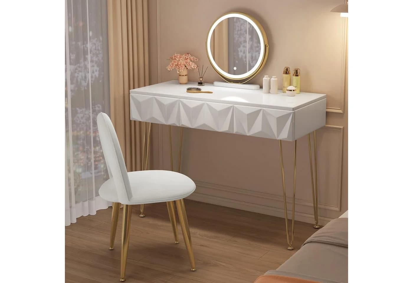 EUGAD Schminktisch Weiß/Gold mit dimmbarem Spiegel und 3 Schubladen - Bild 2