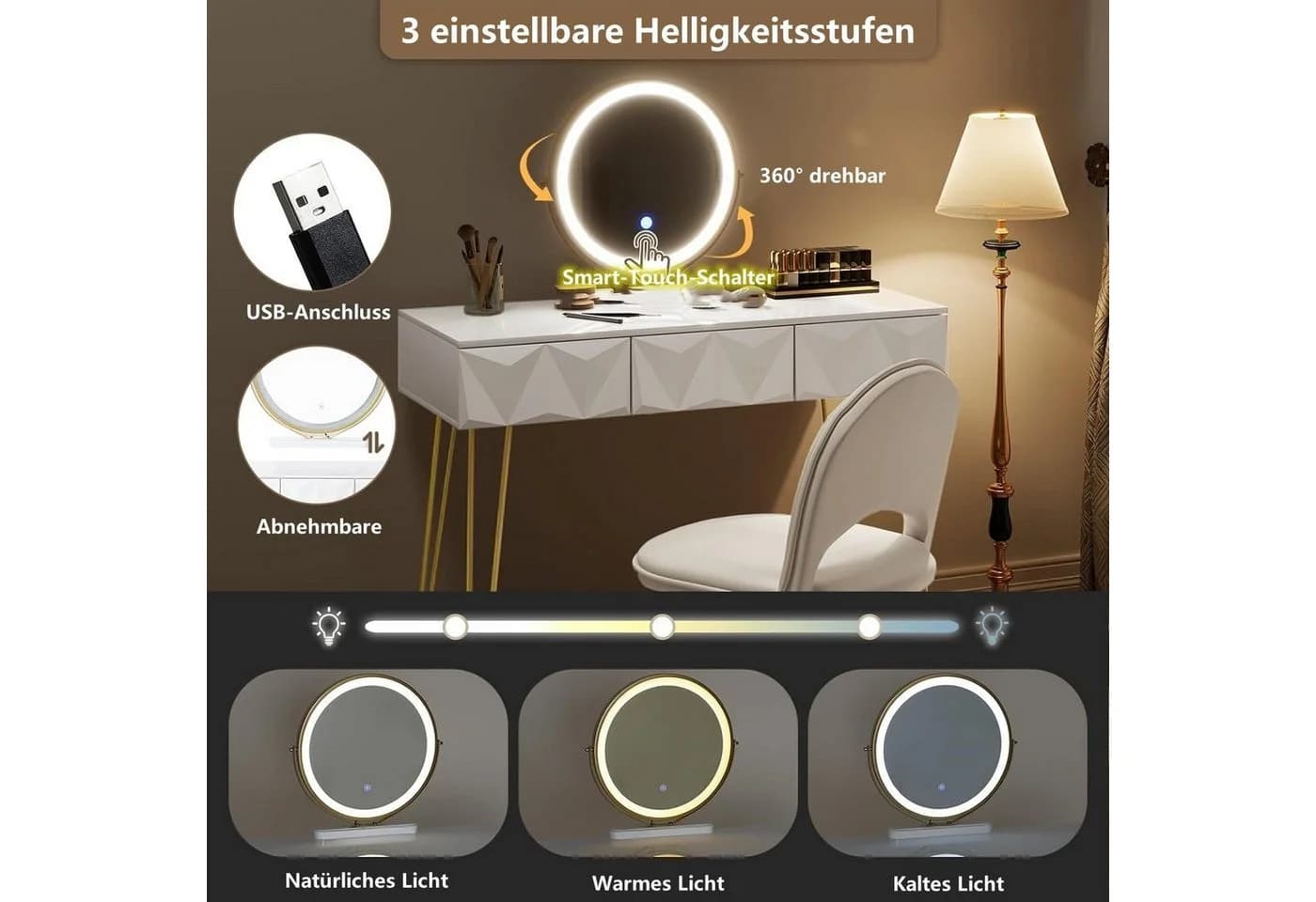 EUGAD Schminktisch Weiß/Gold mit dimmbarem Spiegel und 3 Schubladen - Bild 4