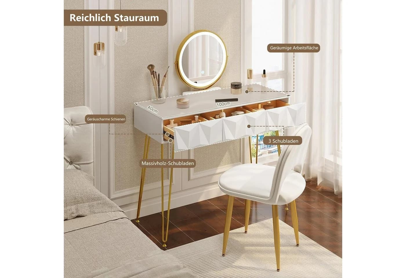 EUGAD Schminktisch Weiß/Gold mit dimmbarem Spiegel und 3 Schubladen - Bild 5