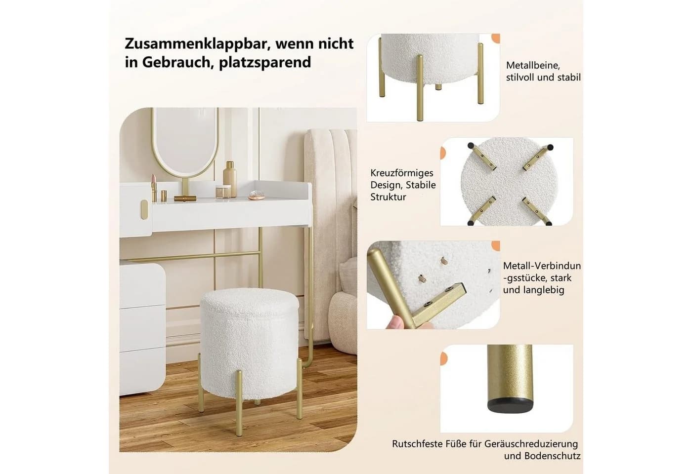 EUGAD Sitzhocker mit Stauraum Weiß/Gold Faltbar - Bild 5