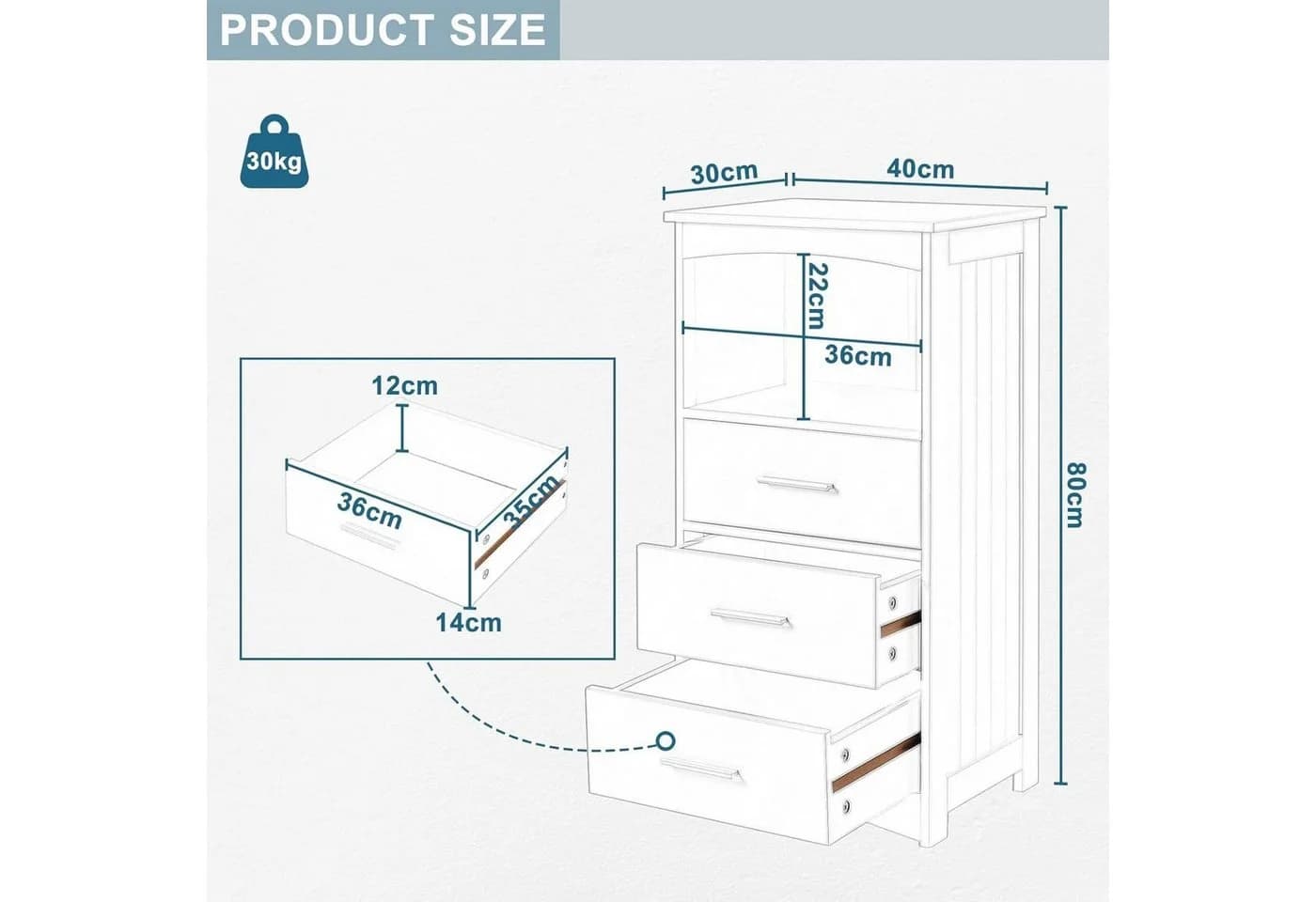EUGAD Badkommode 1 St. Badezimmerschrank mit 3 Schubladen 1 offenem Fach Weiß - Bild 3