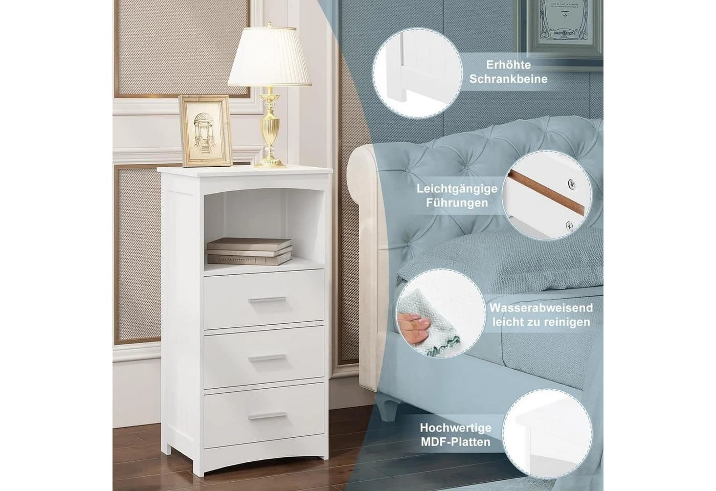 EUGAD Badkommode 1 St. Badezimmerschrank mit 3 Schubladen 1 offenem Fach Weiß - Bild 4