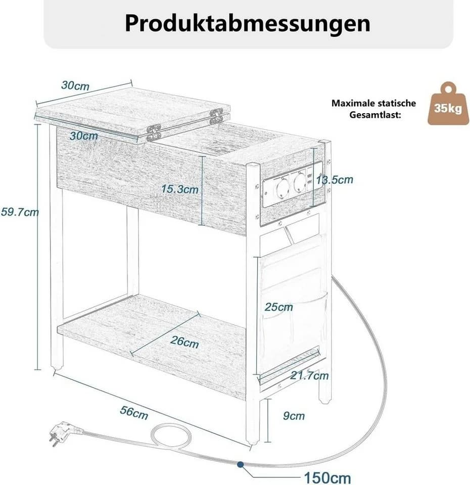 EUGAD Couchtisch mit Ladefunktion & Stauraum - Helle Eiche/Schwarz - Bild 3