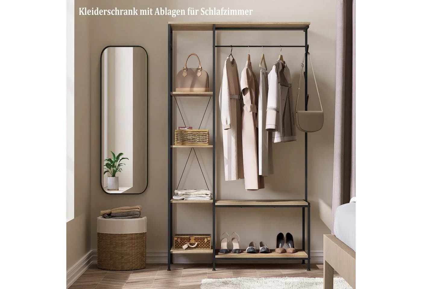 EUGAD Kleiderständer mit Sitzbank Schwarz Helle Eiche 3-in-1 Design