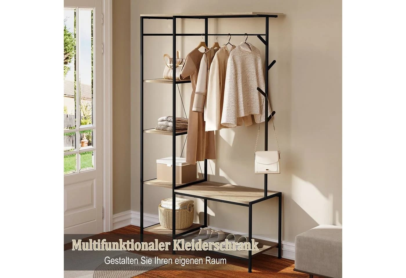 EUGAD Kleiderständer mit Sitzbank Schwarz Helle Eiche 3-in-1 Design - Bild 4