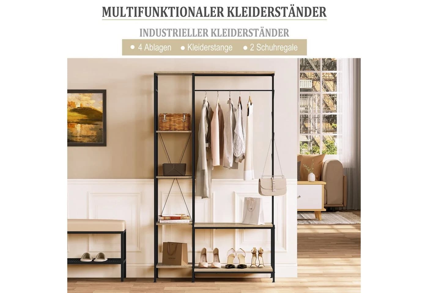 EUGAD Kleiderständer mit Sitzbank Schwarz Helle Eiche 3-in-1 Design - Bild 5