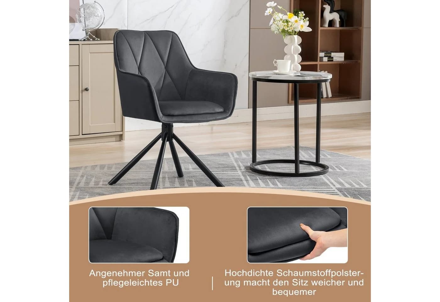 EUGAD 4-Fußstuhl Schwarz/Grau Drehbar mit Armlehnen - Bild 5