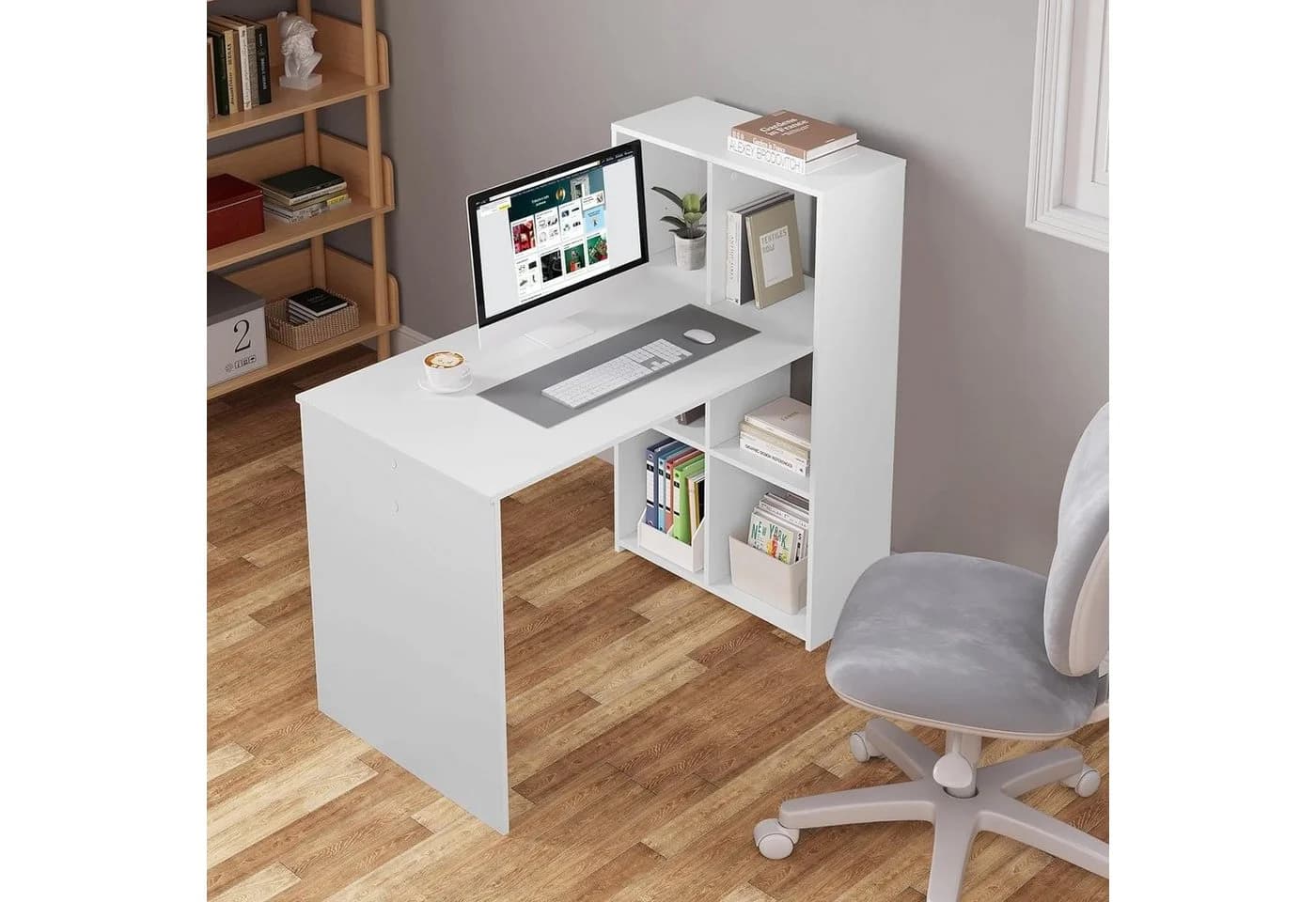 EUGAD Schreibtisch 1-St. Weiß Computertisch mit Regal - Bild 4