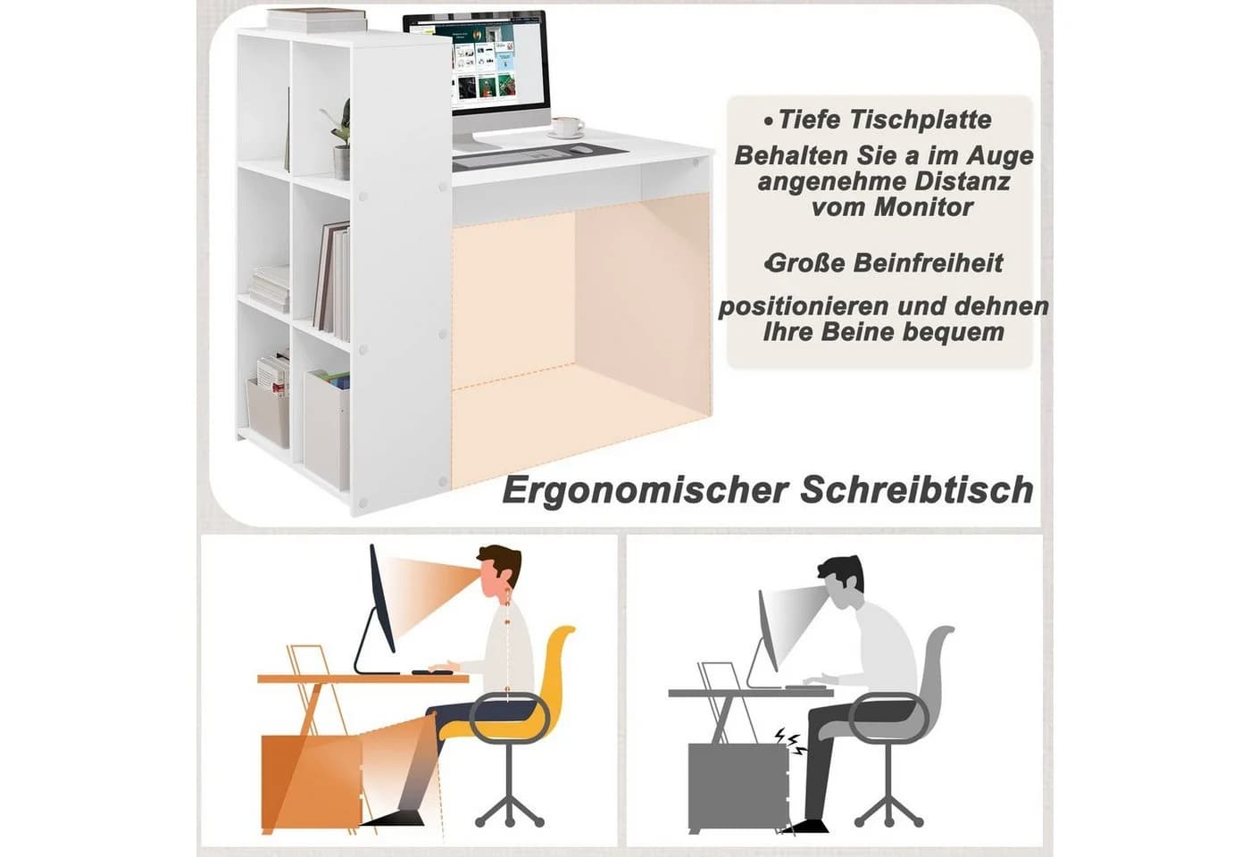 EUGAD Schreibtisch 1-St. Weiß Computertisch mit Regal - Bild 5