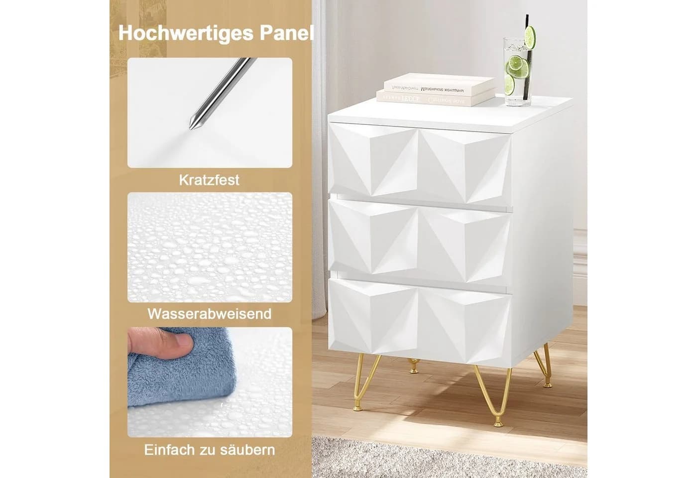 EUGAD Nachttisch 2er Set mit 3 Schubladen Weiß Gold - Bild 4