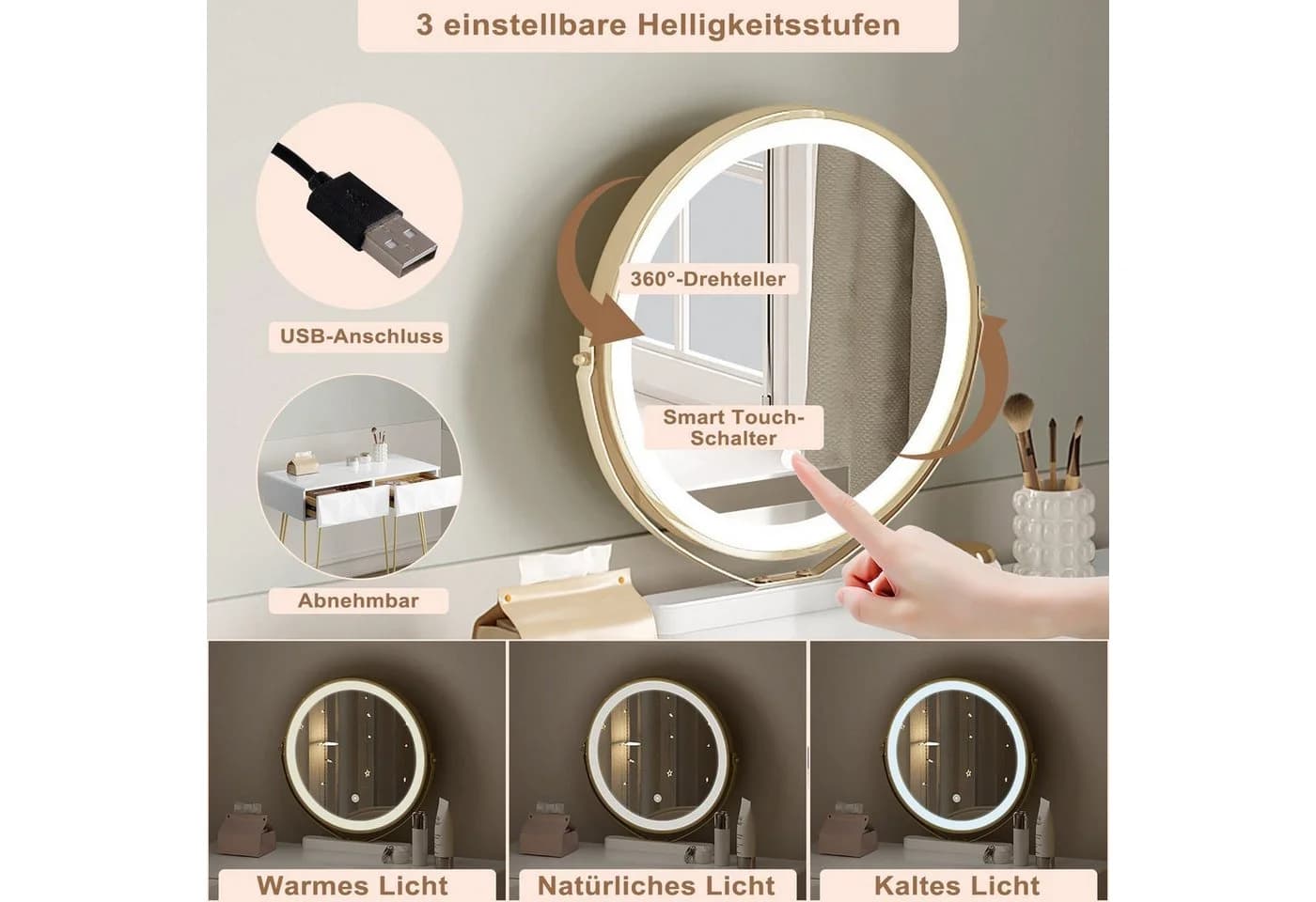 EUGAD Schminktisch Weiß Gold mit 360° Spiegel und Samtstuhl - Bild 4