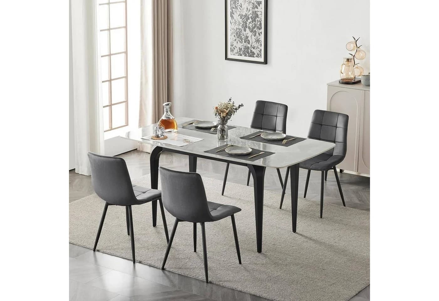 EUGAD Esszimmerstuhl 4er Set Samt Grau/Schwarz/Creme Metallbeine
