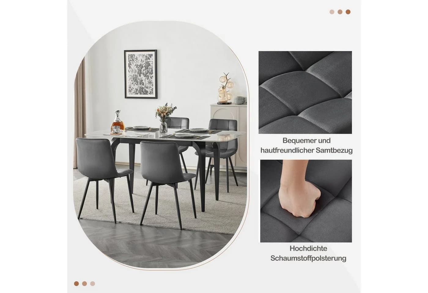 EUGAD Esszimmerstuhl 4er Set Samt Grau/Schwarz/Creme Metallbeine - Bild 5