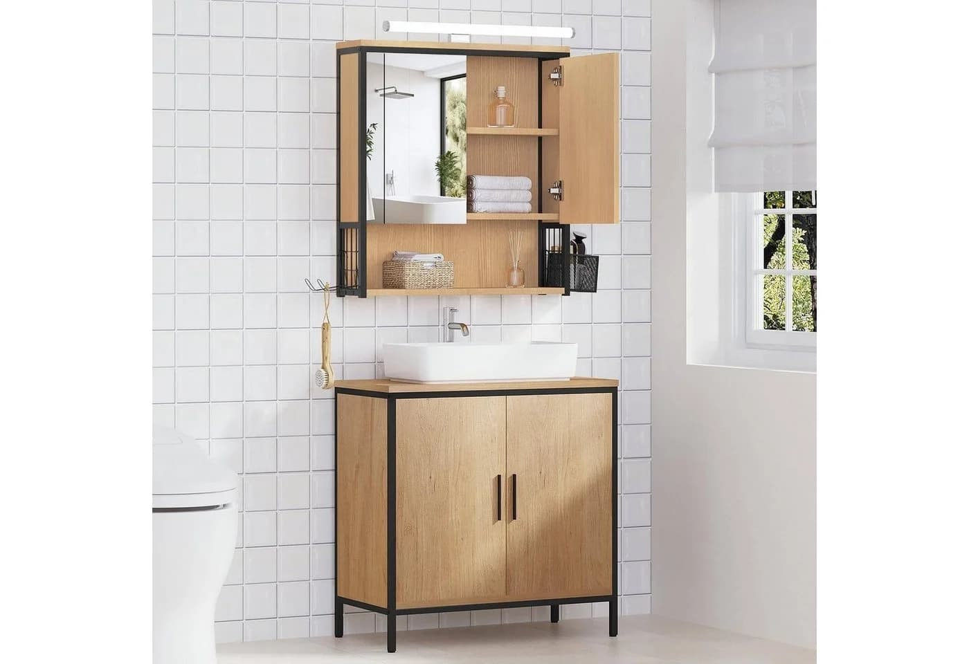 EUGAD Spiegelschrank mit LED-Beleuchtung Schwarz/Helle Eiche - Bild 4