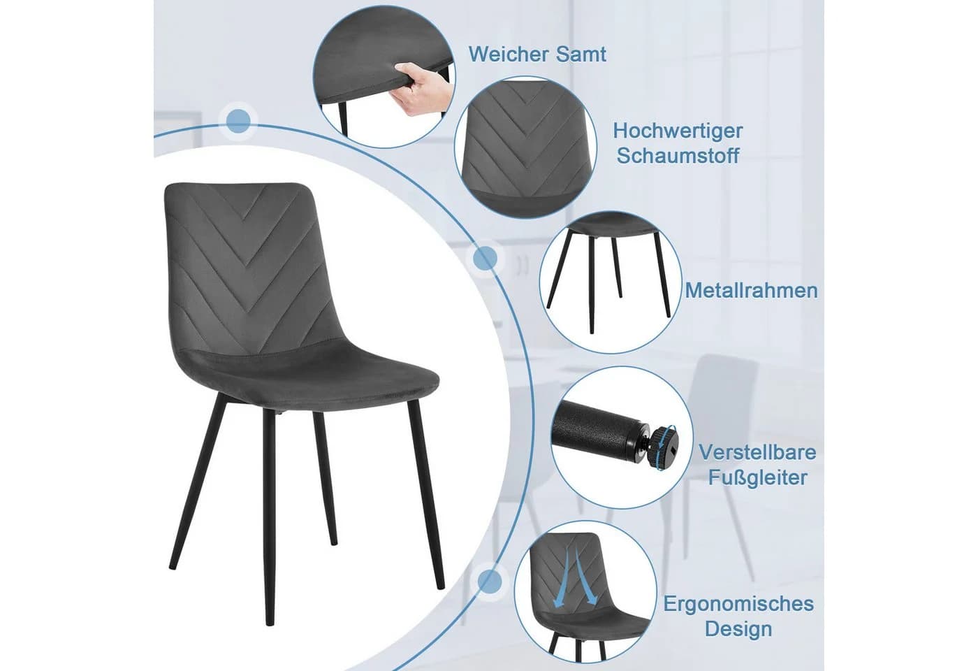 EUGAD Esszimmerstuhl 4er Set Samt Metallbeinen Grau Schwarz - Bild 5