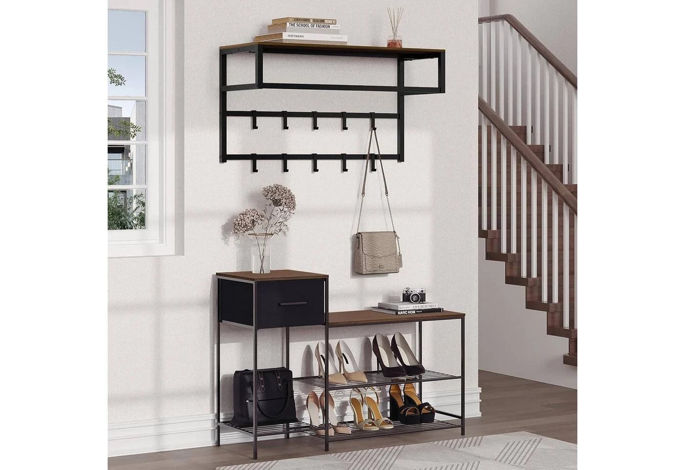 EUGAD Wandgarderobe mit Ablage und 10 Haken Schwarz-Braun - Bild 4
