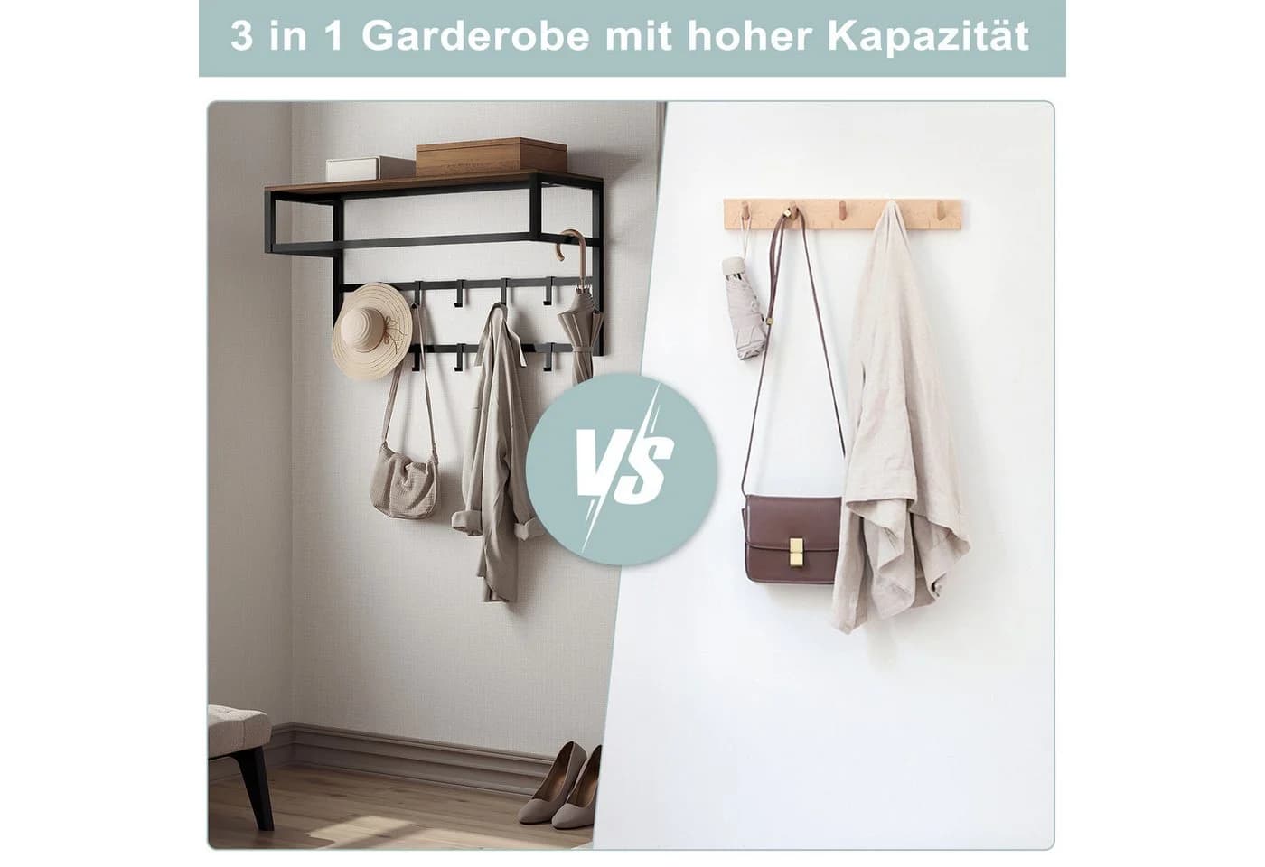 EUGAD Wandgarderobe mit Ablage und 10 Haken Schwarz-Braun - Bild 5