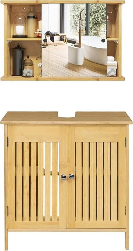 EUGAD Badmöbel-Set 2-St. Badezimmerschrank mit Spiegelschrank Bambus - Bild 2