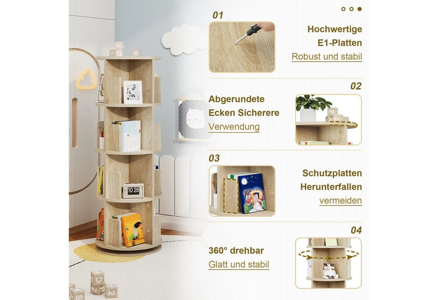 EUGAD Bücherregal drehbar 4 Ebenen 16 Fächer Weiß Helle Eiche - Bild 4