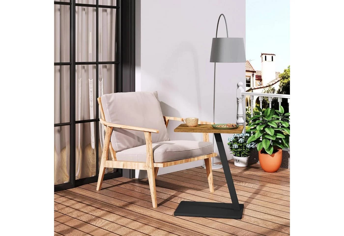 EUGAD Beistelltisch C-Form Schwarz Vintage-Holzoptik Metallgestell